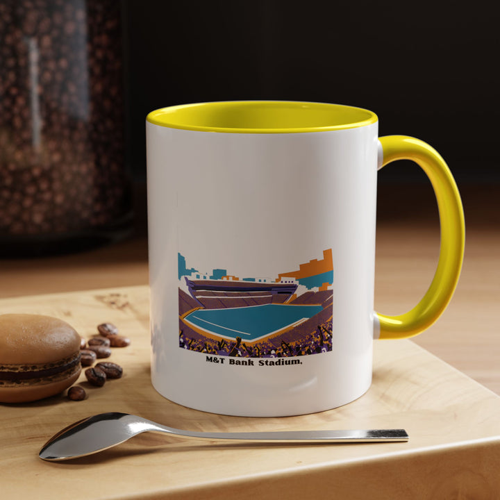 A yellow M&T Bank Stadium mug displaying a crisp, detailed stadium print that reflects Baltimore Ravens pride. The bright yellow color creates a cheerful and energetic look, perfect for fans who want a standout piece for their coffee or tea routine. Works well for home, office, or match-day use.