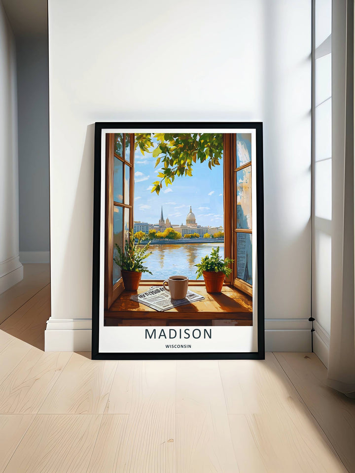Minimalist Madison Wisconsin travel poster of the iconic window view scene overlooking the capital city without text, customizable as a textured canvas piece, an art print, or a wood framed wall accent.