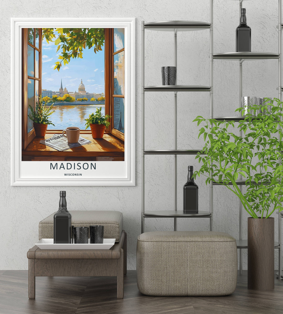 A detailed artistic Madison Wisconsin travel poster displaying hanging green leaves framing a scenic view of the blue lake from a bedroom window, selectable as a canvas or a loose matte poster print.
