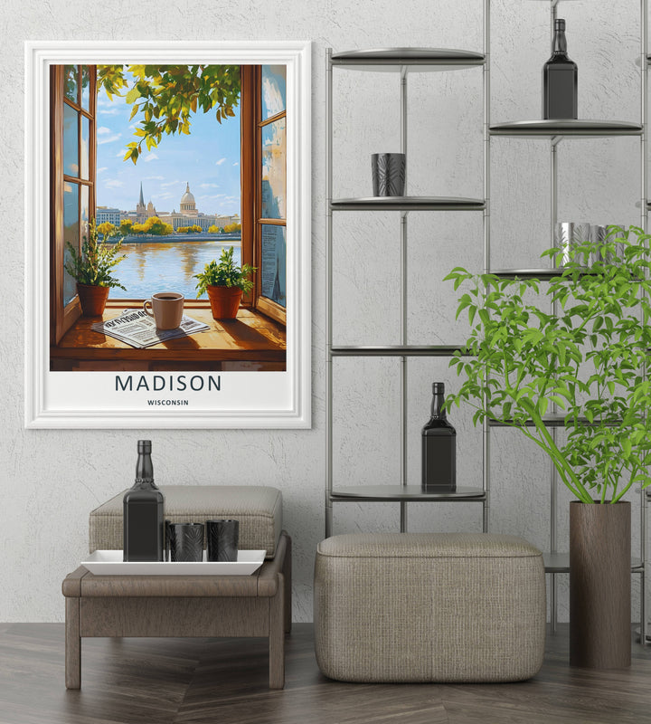 A detailed artistic Madison Wisconsin travel poster displaying hanging green leaves framing a scenic view of the blue lake from a bedroom window, selectable as a canvas or a loose matte poster print.