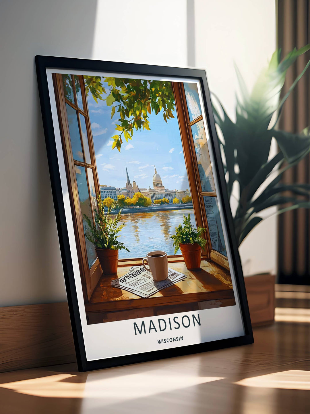 A stunning city theme print showcasing fluid window geometry and potted plants framing the Madison Wisconsin Capitol building across the lake, available in flexible unframed, canvas, or framed layouts.
