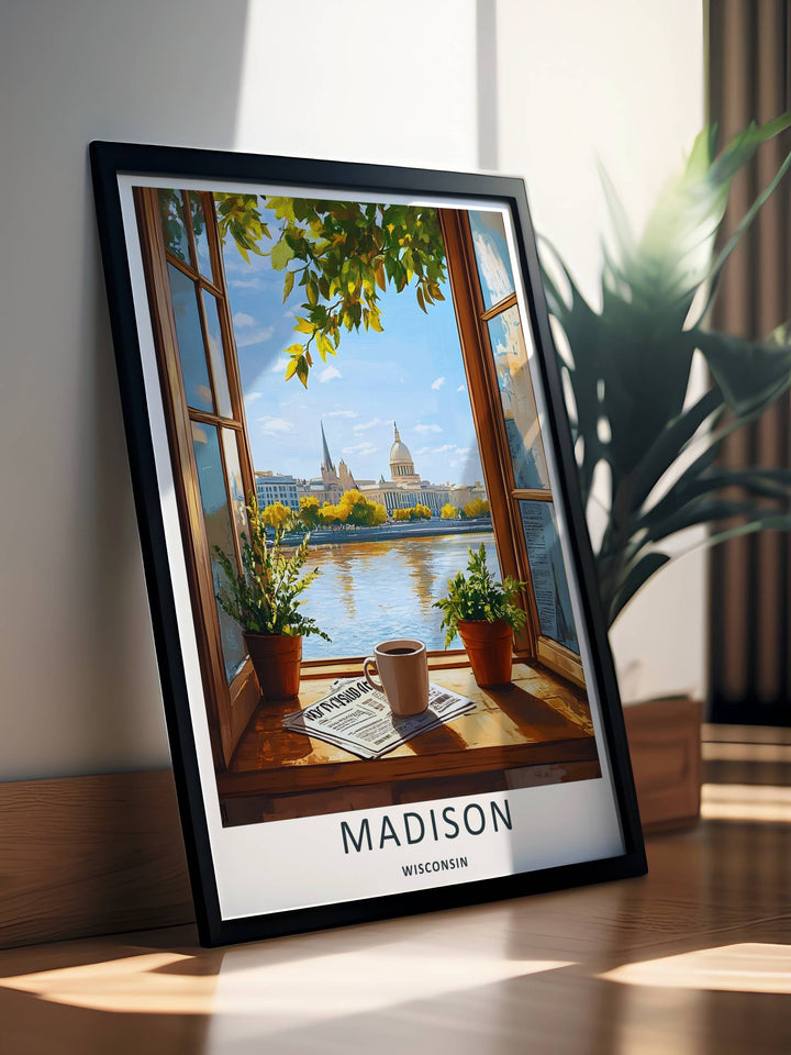 A stunning city theme print showcasing fluid window geometry and potted plants framing the Madison Wisconsin Capitol building across the lake, available in flexible unframed, canvas, or framed layouts.