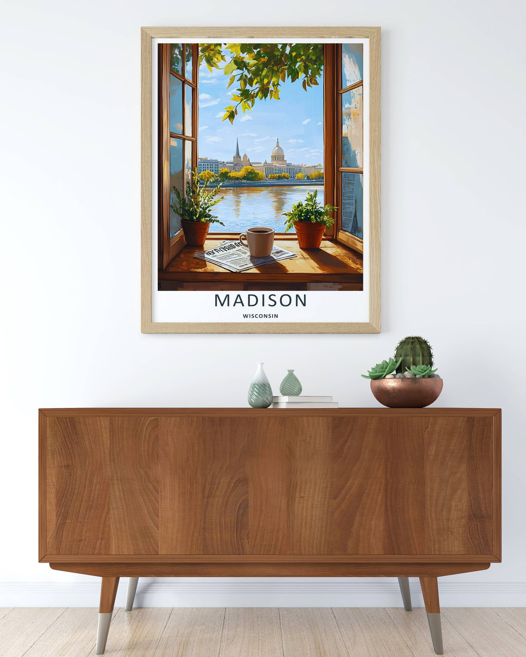 Colorful graphic illustration print of the cozy morning coffee and newspaper routine overlooking the waterfront in Madison Wisconsin, crafted as a premium canvas wall print or a luxury gold framed piece.
