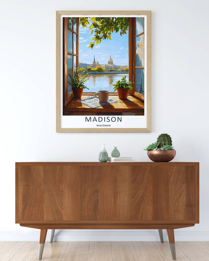 Colorful graphic illustration print of the cozy morning coffee and newspaper routine overlooking the waterfront in Madison Wisconsin, crafted as a premium canvas wall print or a luxury gold framed piece.