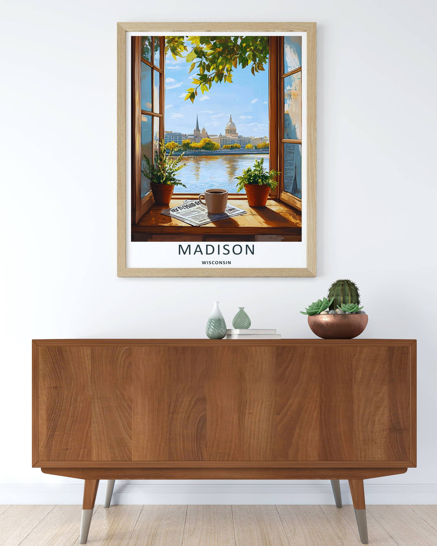 Colorful graphic illustration print of the cozy morning coffee and newspaper routine overlooking the waterfront in Madison Wisconsin, crafted as a premium canvas wall print or a luxury gold framed piece.