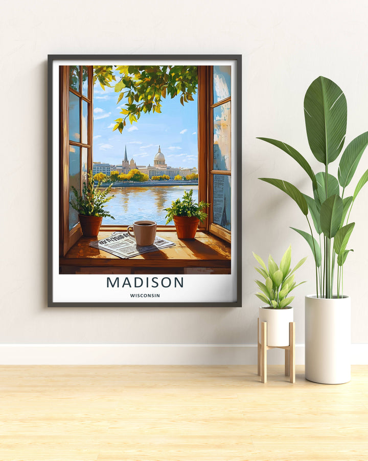 Modern wall art featuring a retro mid-century style layout of an open window overlooking the coastal metropolitan district in Madison Wisconsin, which can be ordered as a stretched canvas or a pure gold frame.