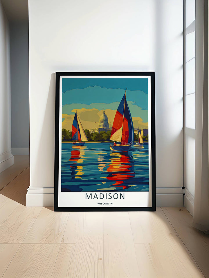 Minimalist Madison Wisconsin travel poster of the iconic sailboat lake scene without text, customizable as a textured canvas piece, an unframed art print, or a premium wood framed wall accent.