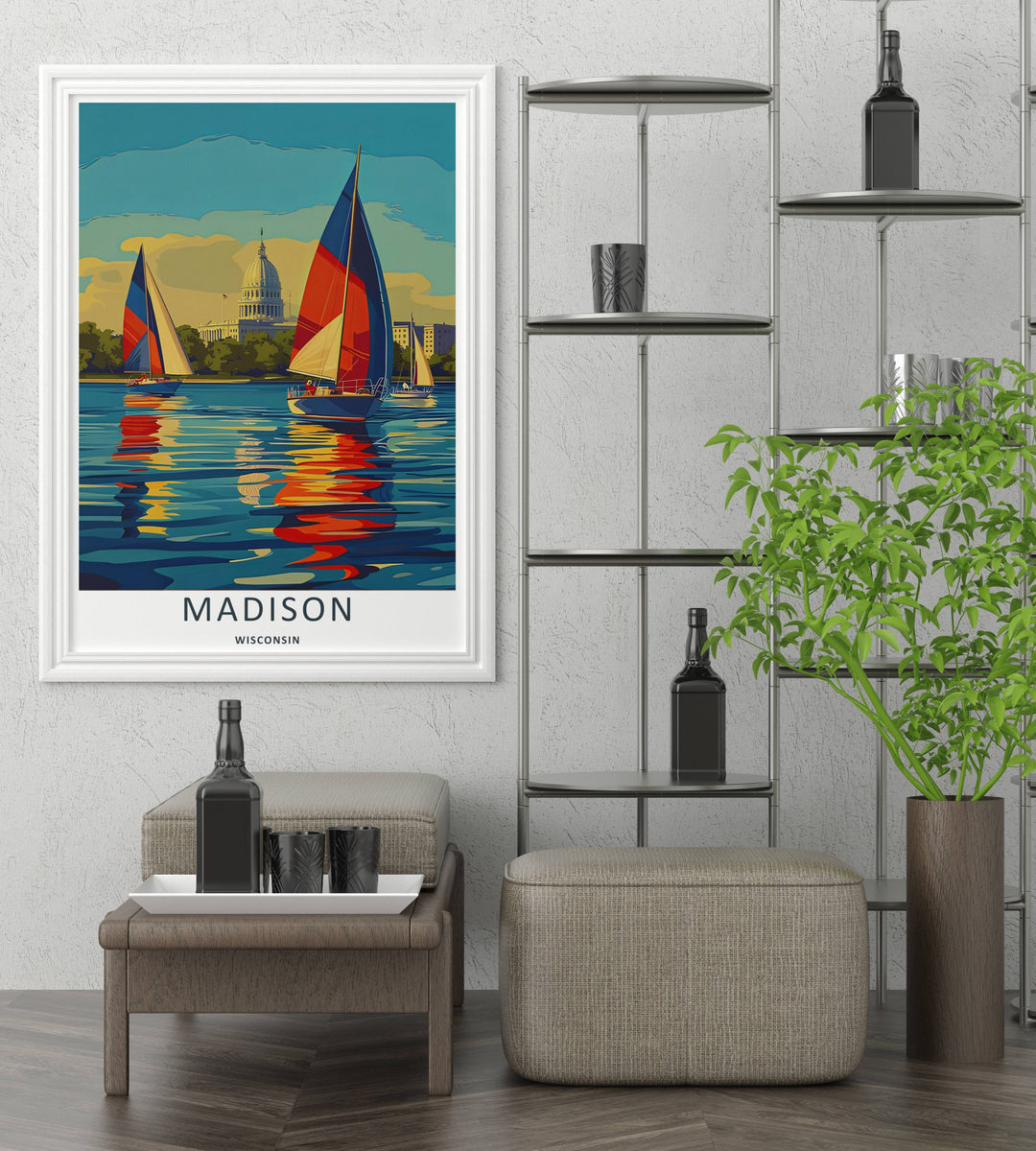 A bold vector graphic travel poster capturing the stunning waterfront skyline of Madison Wisconsin, ready to order as an unframed print, wrapped canvas, or a beautifully natural wood framed piece.
