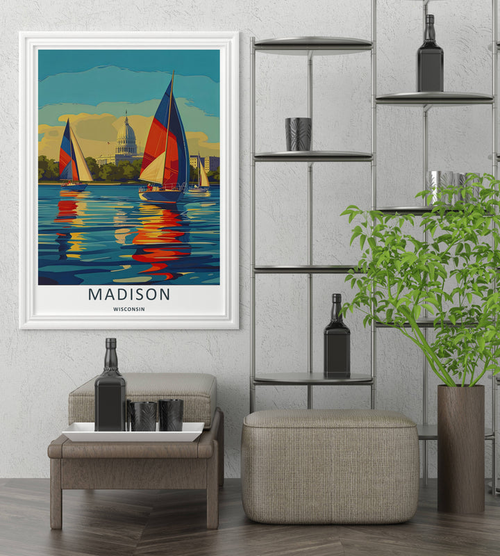 A bold vector graphic travel poster capturing the stunning waterfront skyline of Madison Wisconsin, ready to order as an unframed print, wrapped canvas, or a beautifully natural wood framed piece.