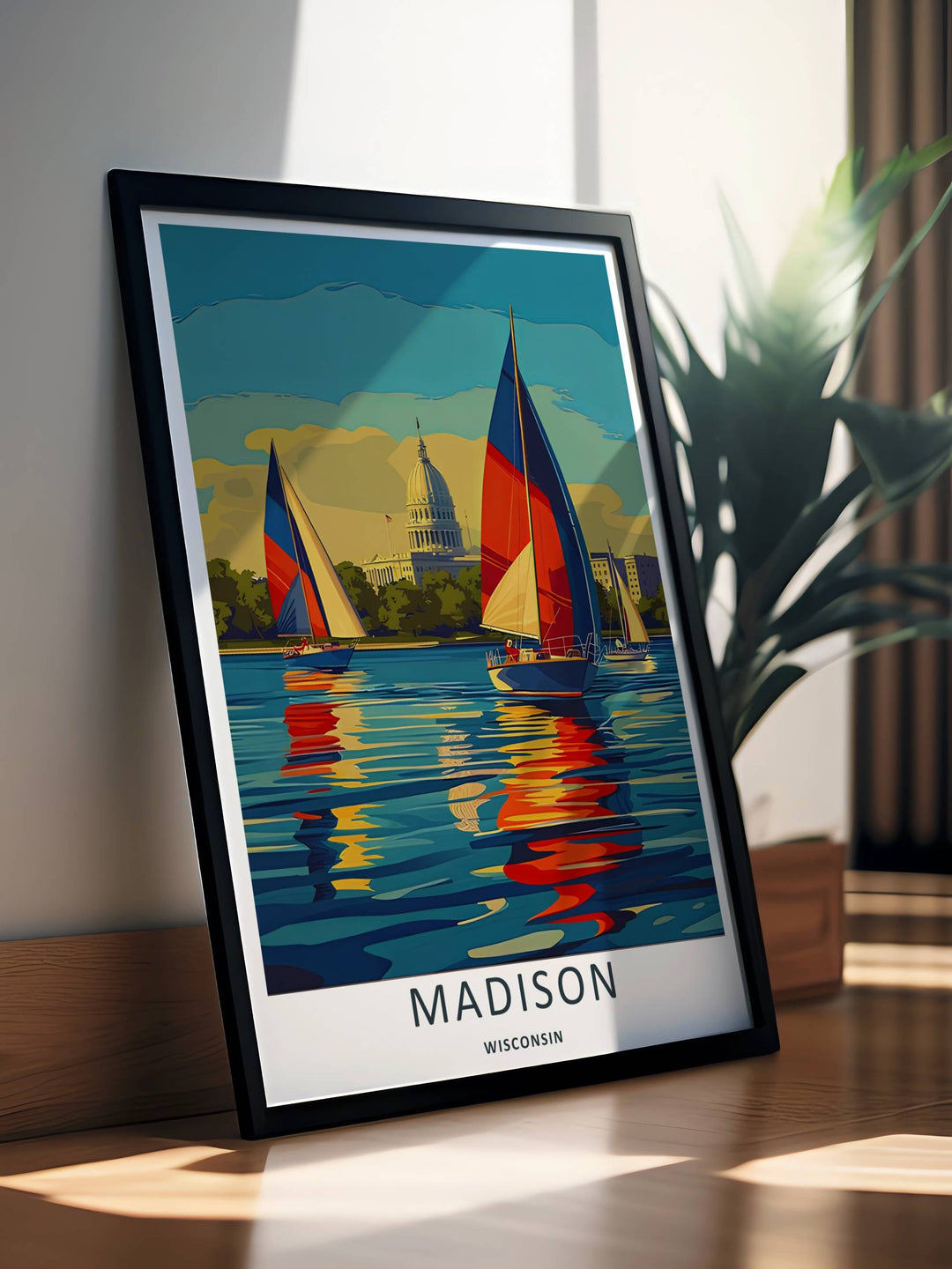 A beautiful lake and city theme poster capturing sailboats cruising across Lake Monona with the Madison Wisconsin Capitol building centered behind the trees, available in flexible framed or canvas layouts.