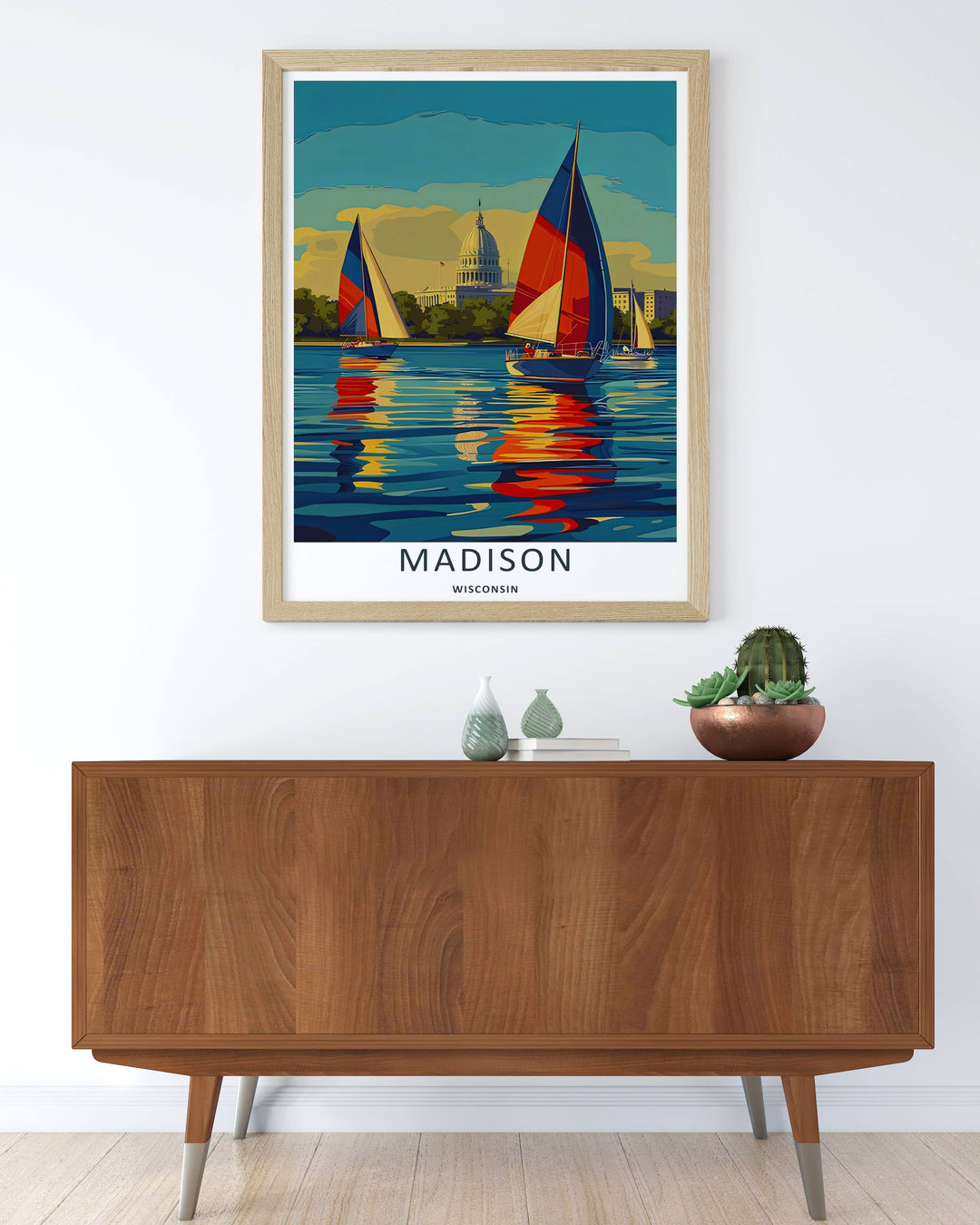Colorful graphic vector illustration print of the classic sailboat lifestyle in Madison Wisconsin, crafted as a premium canvas print, an unframed poster, or a luxury gold framed gallery wall piece.