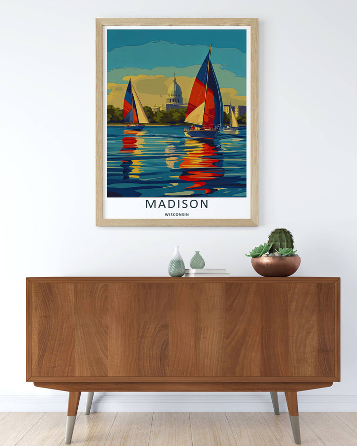 Colorful graphic vector illustration print of the classic sailboat lifestyle in Madison Wisconsin, crafted as a premium canvas print, an unframed poster, or a luxury gold framed gallery wall piece.