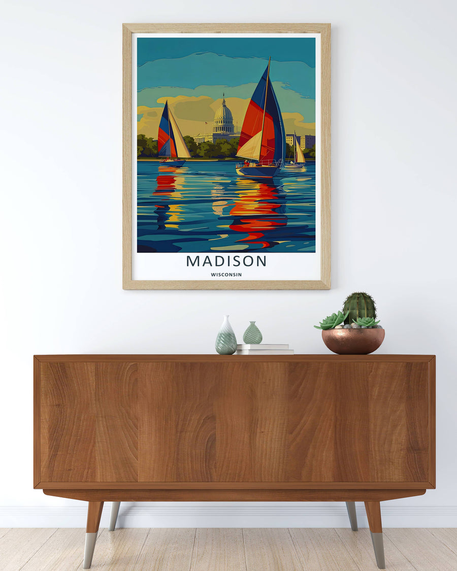 Colorful graphic vector illustration print of the classic sailboat lifestyle in Madison Wisconsin, crafted as a premium canvas print, an unframed poster, or a luxury gold framed gallery wall piece.