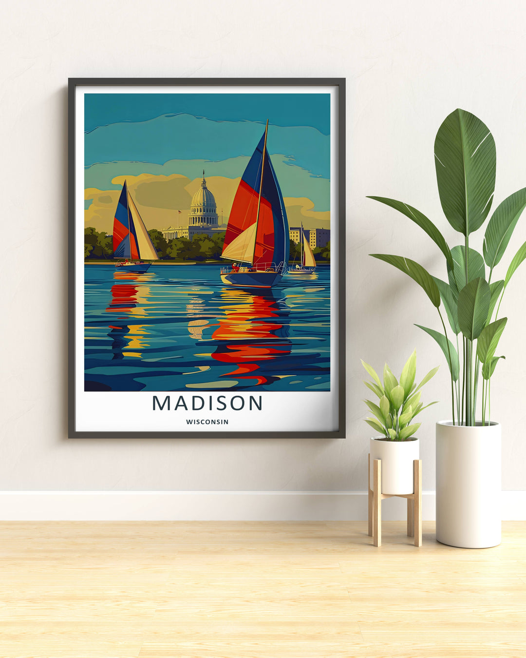 Modern wall art featuring a retro screen print style layout of watercraft on the lakes of Madison Wisconsin, which can be ordered as a stretched canvas, an unframed poster, or a pure gold framed print.