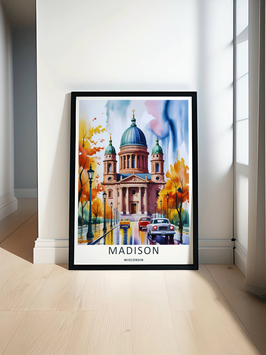 Minimalist Madison Wisconsin travel poster of the iconic autumn capital avenue layout without text, customizable as a textured canvas piece, an unframed art print, or a premium wood framed wall accent.