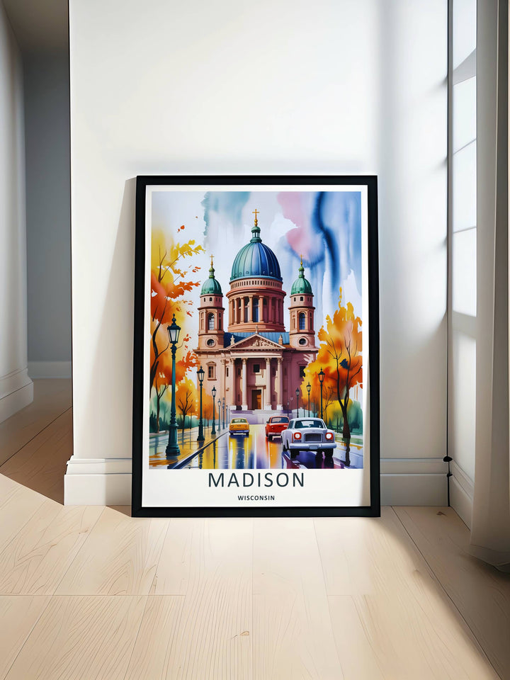 Minimalist Madison Wisconsin travel poster of the iconic autumn capital avenue layout without text, customizable as a textured canvas piece, an unframed art print, or a premium wood framed wall accent.