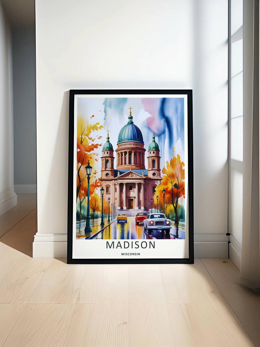 Minimalist Madison Wisconsin travel poster of the iconic autumn capital avenue layout without text, customizable as a textured canvas piece, an unframed art print, or a premium wood framed wall accent.