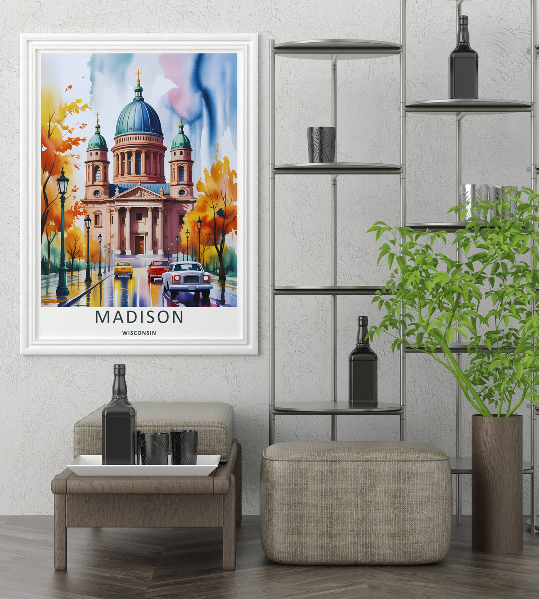 A unique retro watercolor and ink landscape painting of the historic Wisconsin State Capitol building in Madison, featuring vintage cars on a wet street, offered within a premium black frame display.