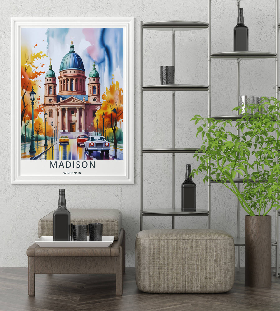 A unique retro watercolor and ink landscape painting of the historic Wisconsin State Capitol building in Madison, featuring vintage cars on a wet street, offered within a premium black frame display.