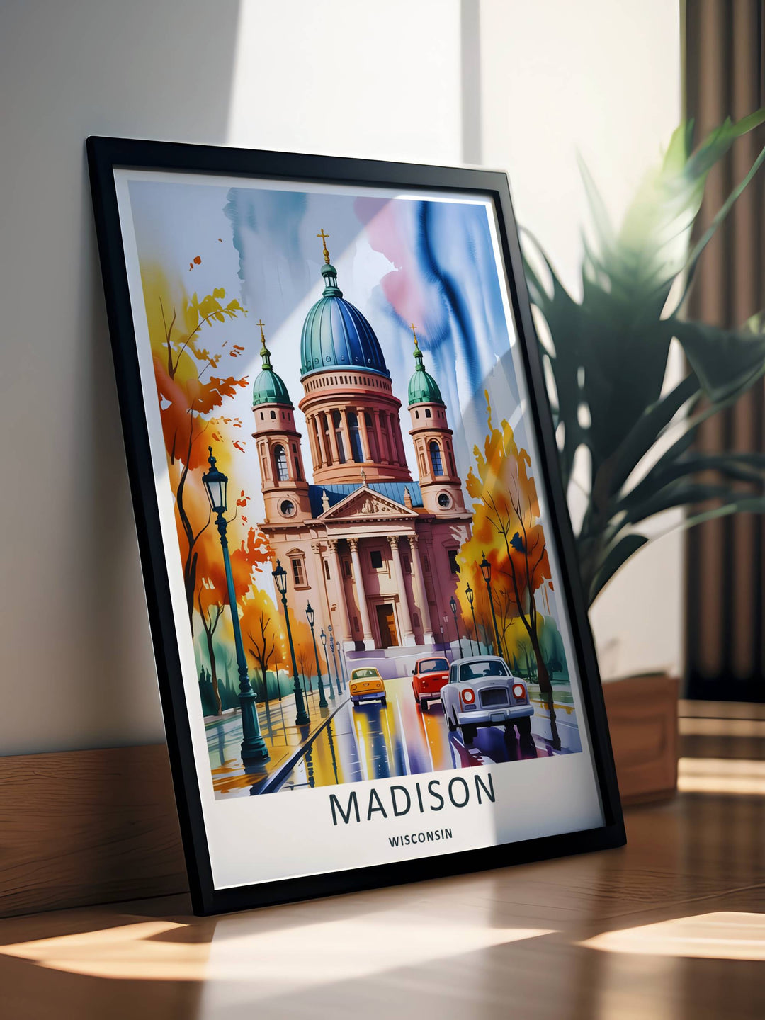 A stunning city theme print showcasing fluid street reflections and warm orange foliage in Madison Wisconsin, available in flexible unframed, canvas, or framed layouts to match your home decor.