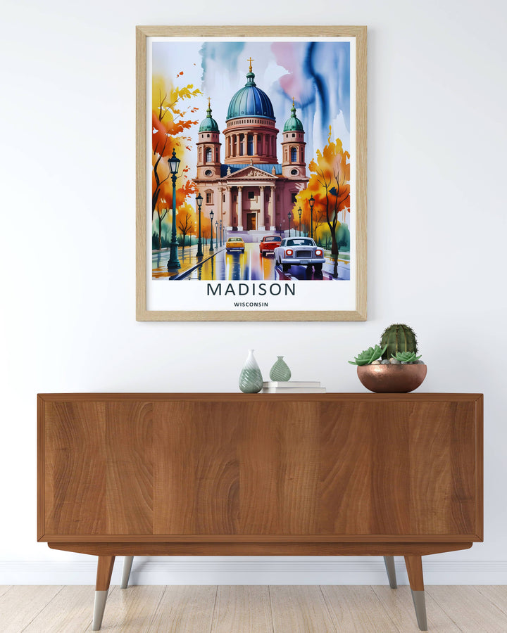 Colorful watercolor illustration print of the iconic autumn season surrounding the capital in Madison Wisconsin, crafted as a premium canvas wall print, an unframed poster, or a gold framed gallery piece.