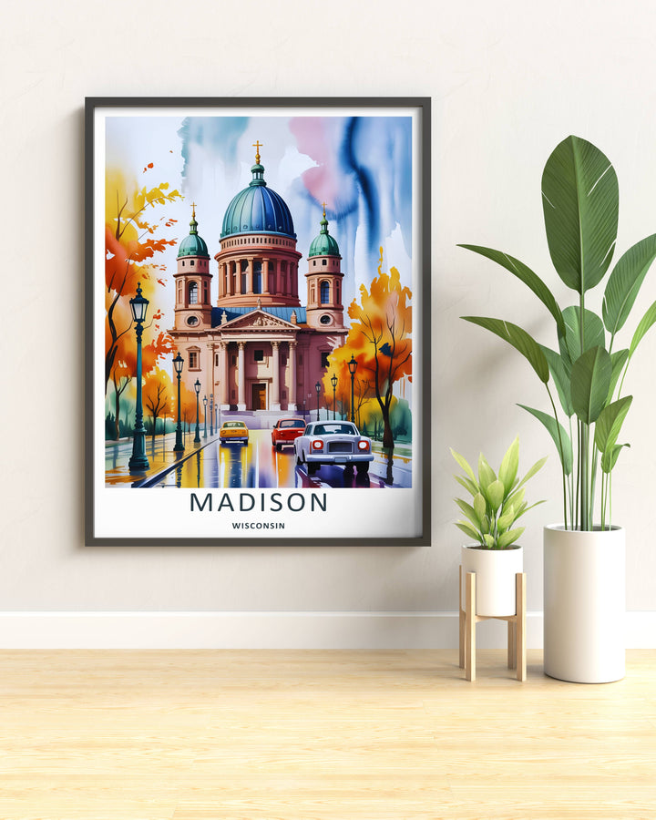 Modern wall art featuring a retro painterly style layout of a rainy afternoon boulevard in Madison Wisconsin, which can be ordered as a stretched canvas format, a standalone poster, or a pure gold frame.