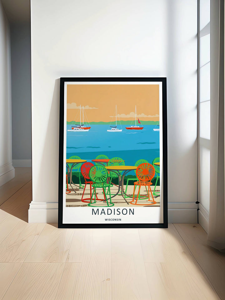 Minimalist Madison Wisconsin travel poster of the iconic terrace chairs overlooking sailboats without text, customizable as a textured canvas piece, an unframed art print, or a wood framed wall accent.