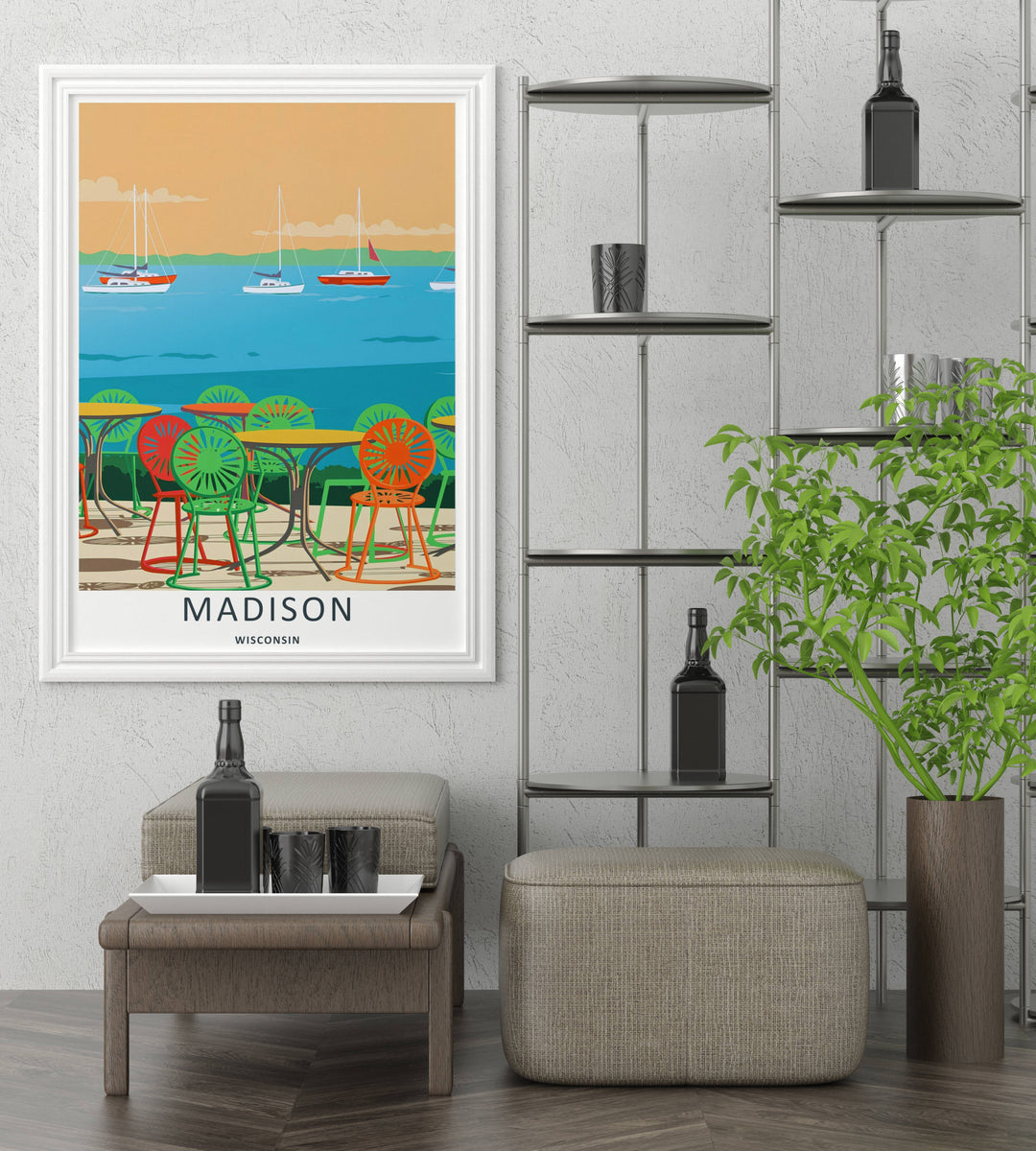 A detailed artistic Madison Wisconsin travel poster displaying an apricot-orange sunset sky over sailboats on the lake, selectable as an elegant canvas or a loose matte poster print format.