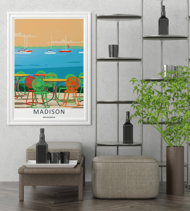 A detailed artistic Madison Wisconsin travel poster displaying an apricot-orange sunset sky over sailboats on the lake, selectable as an elegant canvas or a loose matte poster print format.