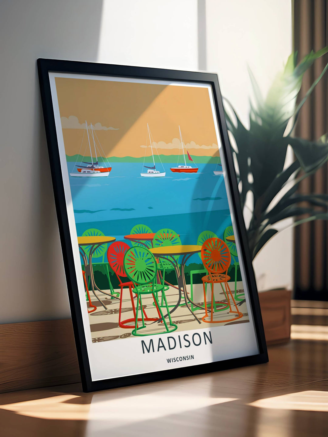 A stunning college town theme print showcasing fluid patio chair shadows and calm waters in Madison Wisconsin, available in flexible unframed, canvas, or custom framed layouts for home decor.