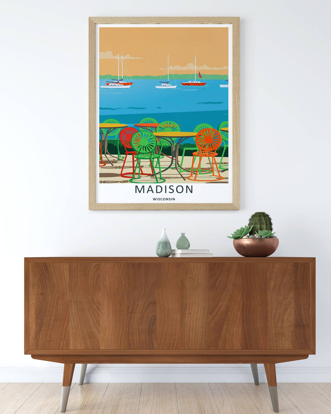 Colorful graphic illustration print of the world-famous student terrace spot in Madison Wisconsin, crafted as a premium canvas wall print, an unframed poster, or a luxury gold framed gallery piece.