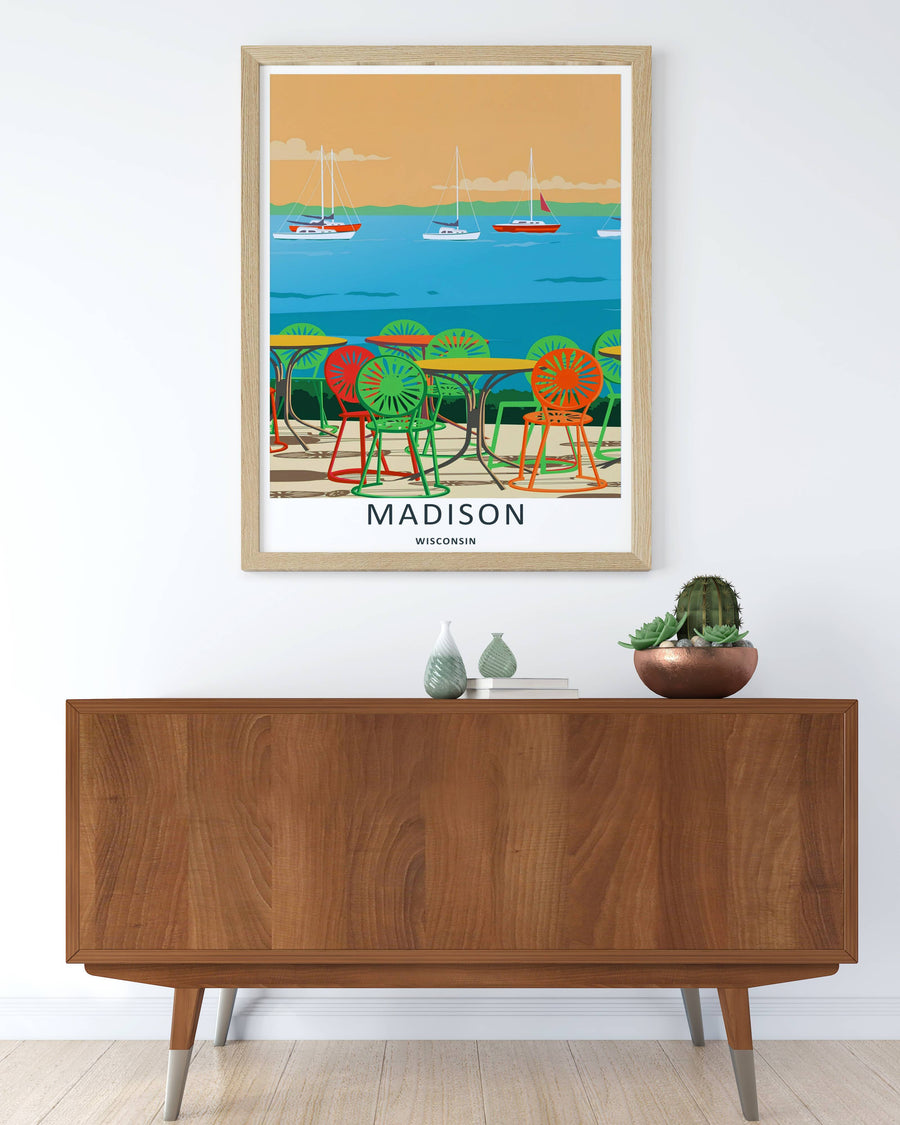 Colorful graphic illustration print of the world-famous student terrace spot in Madison Wisconsin, crafted as a premium canvas wall print, an unframed poster, or a luxury gold framed gallery piece.