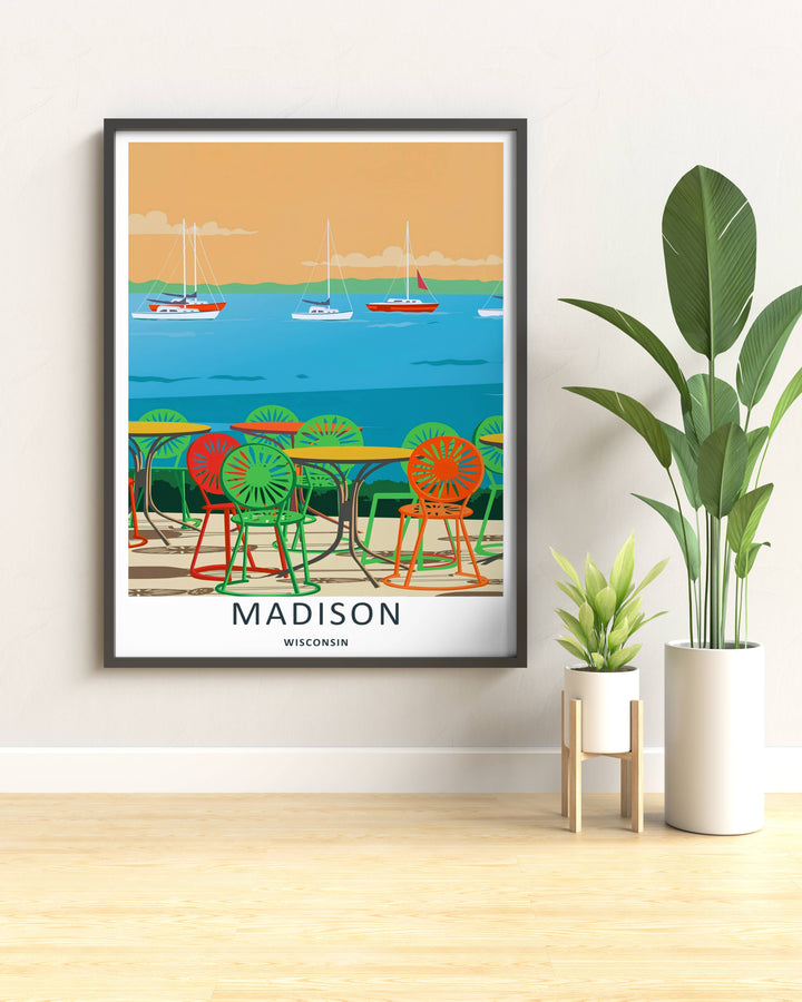 Modern wall art featuring a retro mid-century style layout of the lakeside terrace in Madison Wisconsin, which can be ordered as a stretched canvas format, a standalone poster, or a pure gold frame.