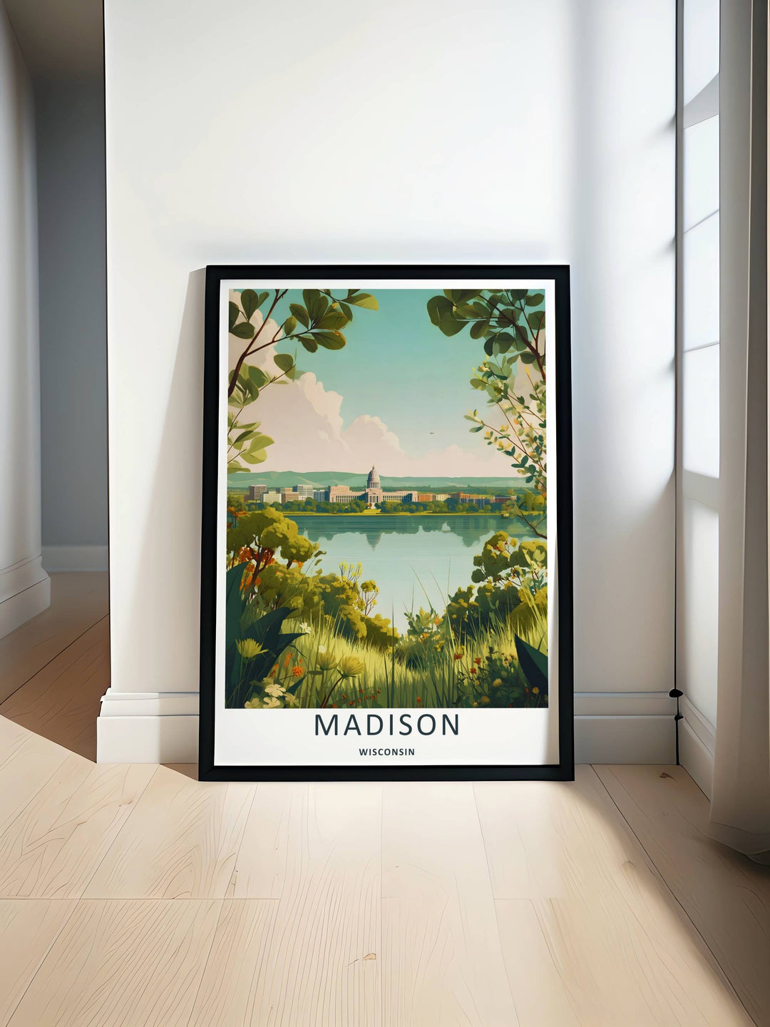 Minimalist Madison Wisconsin travel poster of the iconic skyline lake view without text, customizable as a textured canvas piece, an unframed art print, or a premium wood framed wall accent.