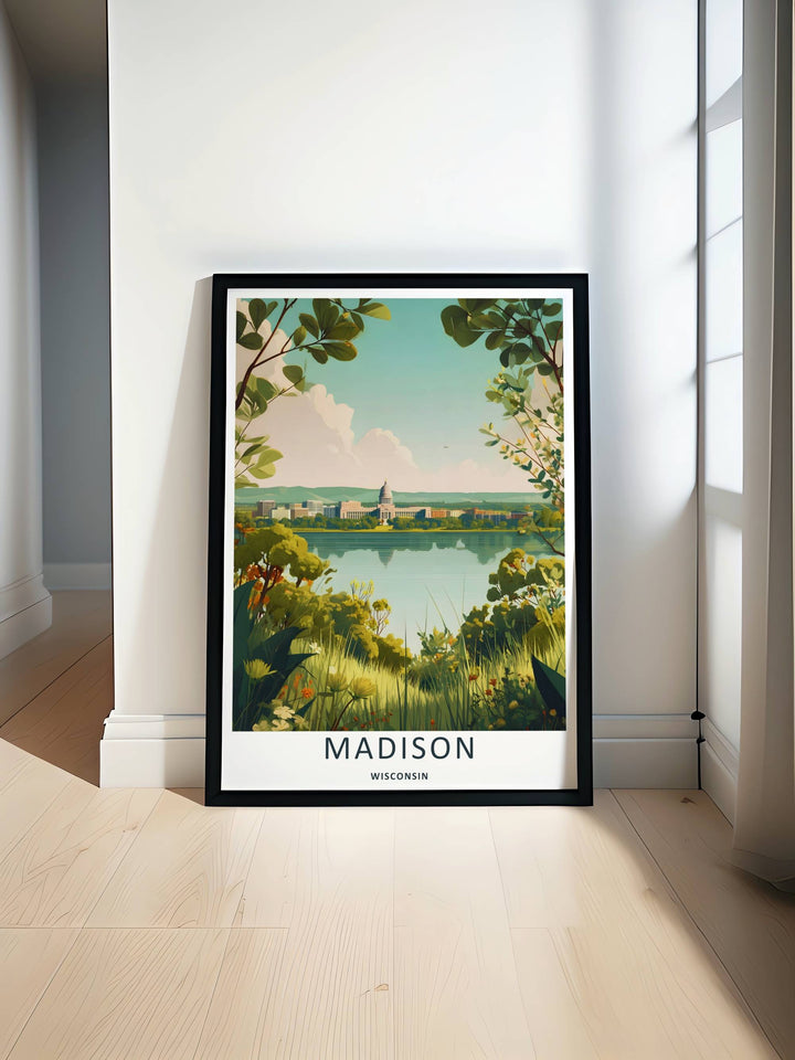 Minimalist Madison Wisconsin travel poster of the iconic skyline lake view without text, customizable as a textured canvas piece, an unframed art print, or a premium wood framed wall accent.