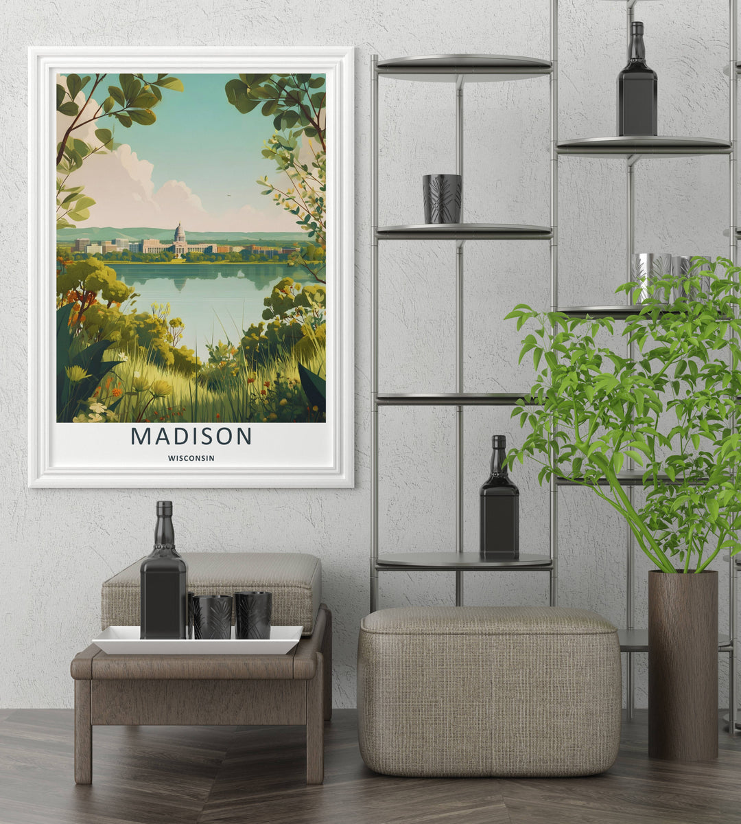 A detailed artistic Madison Wisconsin travel poster displaying soft clouds over the architectural lines of the capital city dome, selectable as an elegant canvas format or a loose poster print.