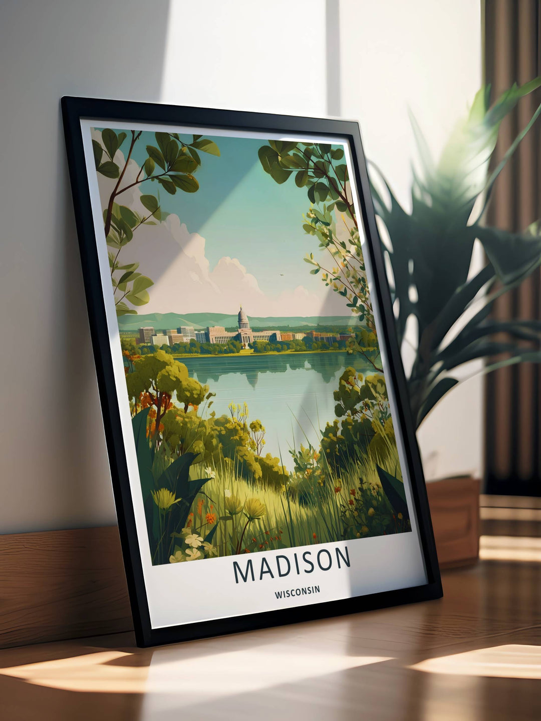 A stunning city theme print showcasing a lush meadow with wildflowers in front of the lake and Madison Wisconsin Capitol building, available in flexible unframed, canvas, or custom framed layouts.
