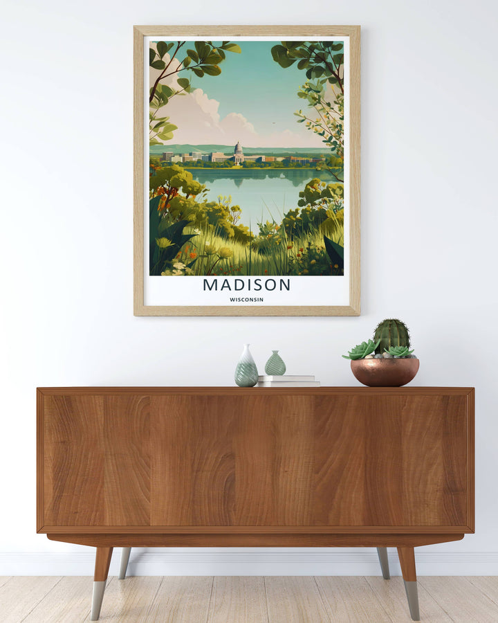 Colorful graphic illustration print of the classic panoramic skyline view in Madison Wisconsin, crafted as a premium canvas wall print, an unframed poster, or a luxury gold framed gallery piece.