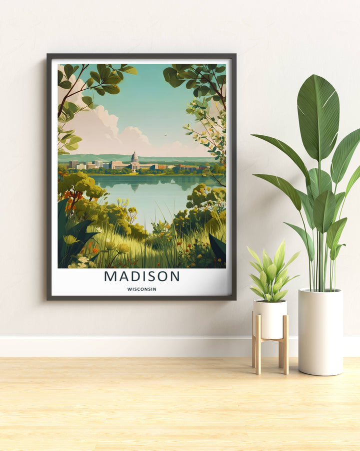 Modern wall art featuring a retro mid-century style layout of the waterfront city center of Madison Wisconsin, which can be ordered as a stretched canvas format, a standalone poster, or a pure gold frame.