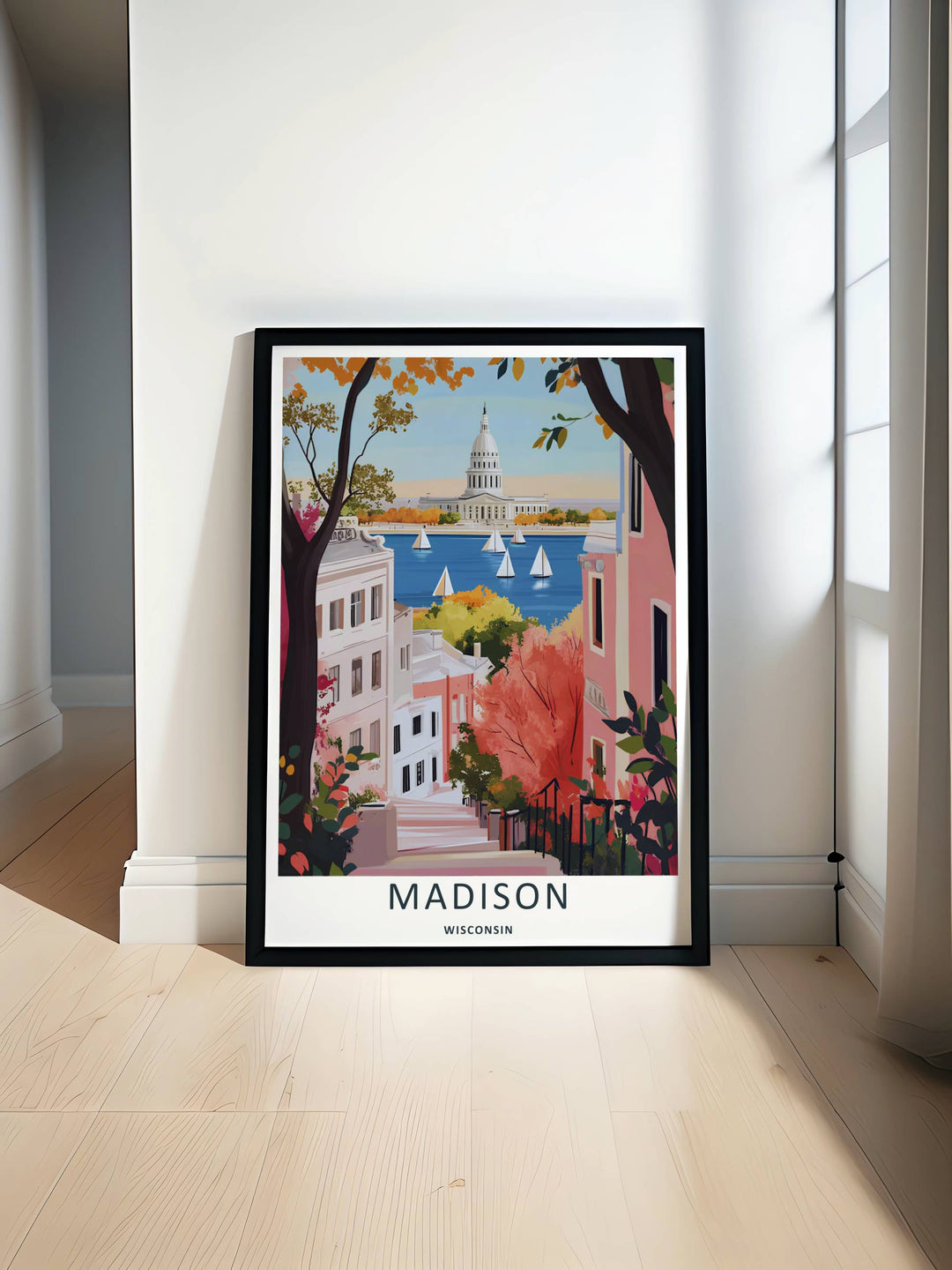 Minimalist Madison Wisconsin travel poster of the iconic street scene overlooking sailboats without text, customizable as a textured canvas piece, an art print, or a wood framed wall accent.