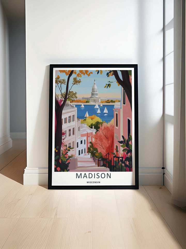 Minimalist Madison Wisconsin travel poster of the iconic street scene overlooking sailboats without text, customizable as a textured canvas piece, an art print, or a wood framed wall accent.