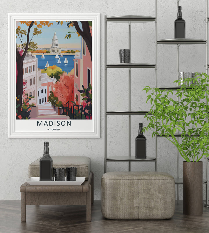A detailed artistic Madison Wisconsin travel poster displaying a clear afternoon sky over a fleet of sailboats on the water, selectable as an elegant canvas or a loose matte poster print format.