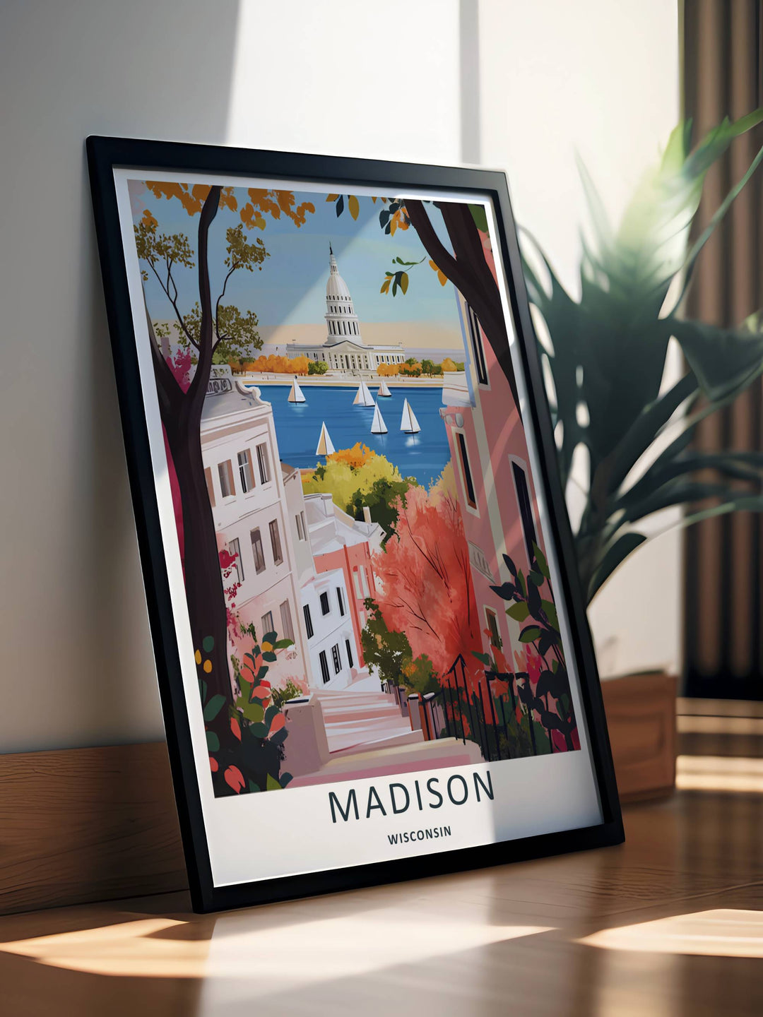 A stunning city theme print showcasing fluid street geometry and warm orange foliage framing the Madison Wisconsin Capitol building, available in flexible unframed, canvas, or framed layouts.