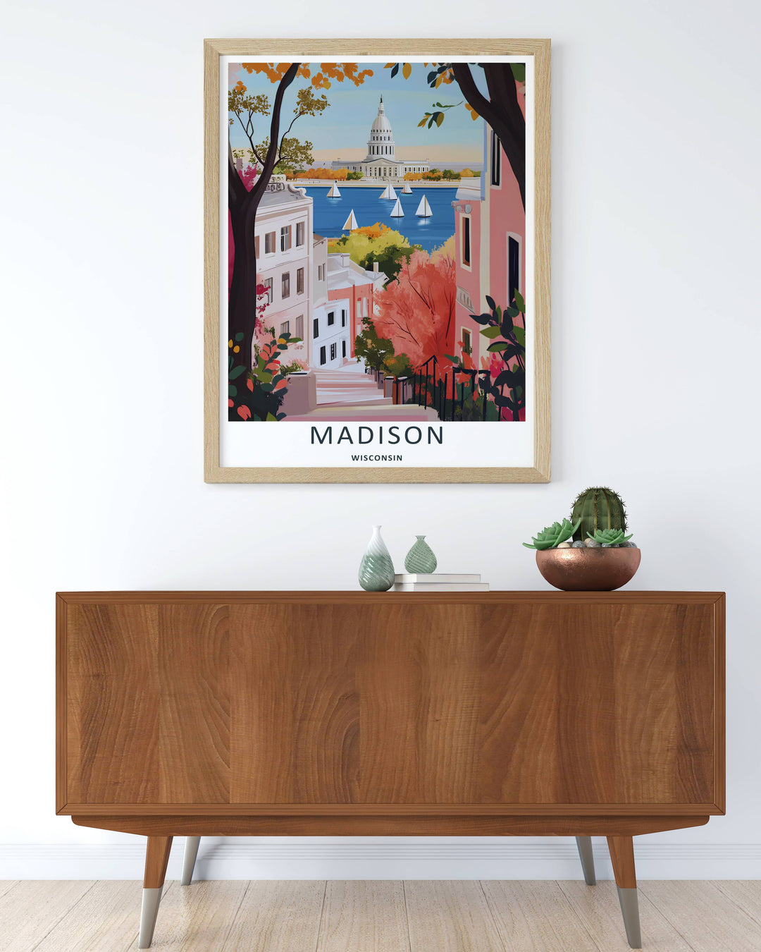Colorful graphic illustration print of the world-famous hillside lake views in the historic center of Madison Wisconsin, crafted as a premium canvas wall print or a luxury gold framed gallery piece.