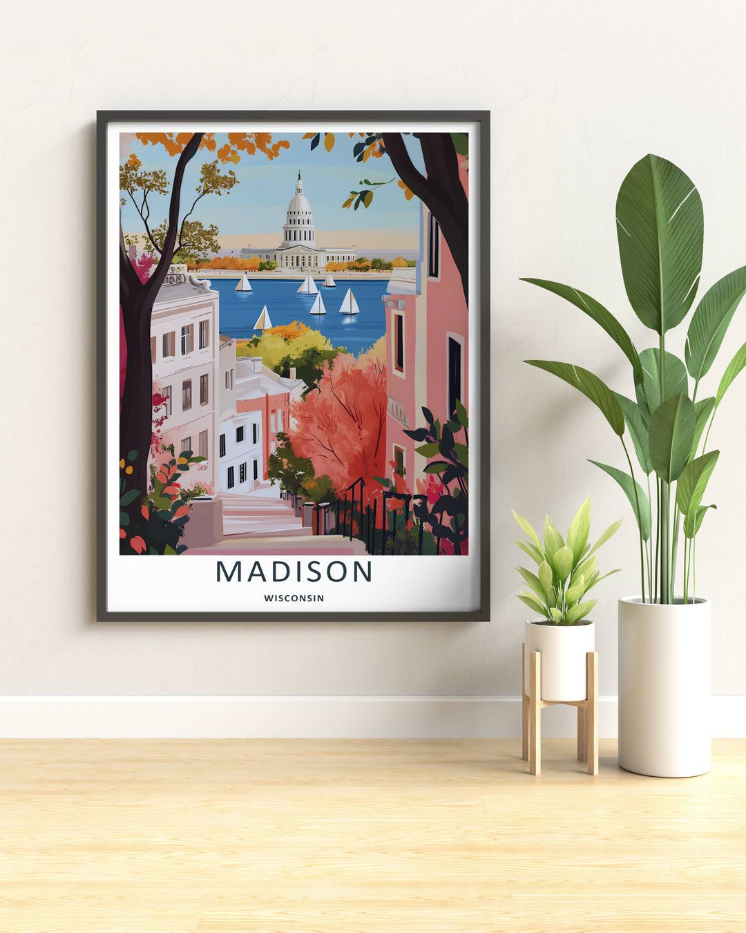 Modern wall art featuring a retro mid-century style layout of a pedestrian avenue overlooking the lake in Madison Wisconsin, which can be ordered as a stretched canvas or a pure gold frame.