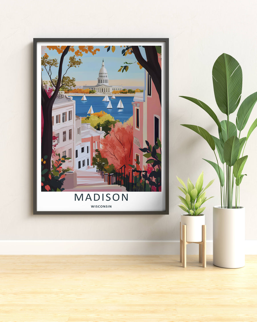 Modern wall art featuring a retro mid-century style layout of a pedestrian avenue overlooking the lake in Madison Wisconsin, which can be ordered as a stretched canvas or a pure gold frame.