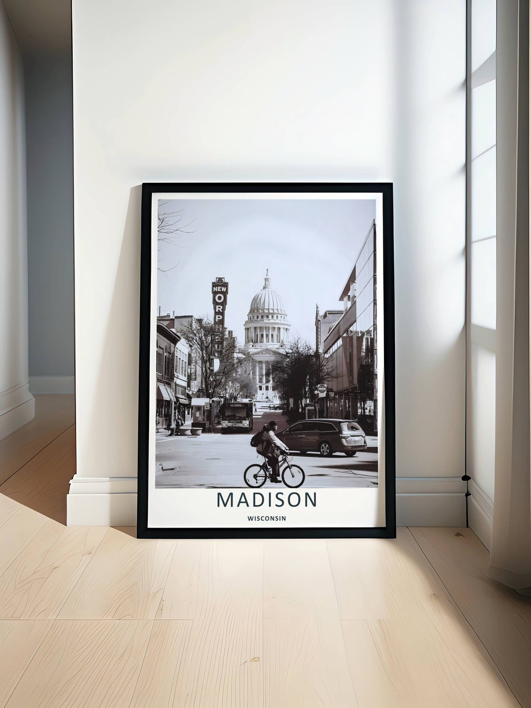Minimalist Madison Wisconsin travel poster of the iconic State Street bicycle scene without text, customizable as a textured canvas piece, an unframed art print, or a premium wood framed wall accent.