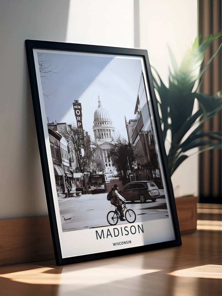 A stunning black and white city theme print showcasing the iconic Orpheum theater sign on State Street in Madison Wisconsin, available in flexible unframed, canvas, or custom framed layouts for home decor.