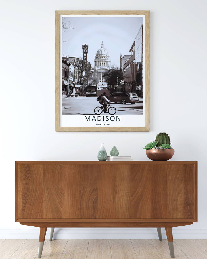Classic monochrome photography print of the bustling student and cultural corridor in Madison Wisconsin, crafted as a premium canvas wall print, an unframed poster, or a luxury gold framed gallery piece.