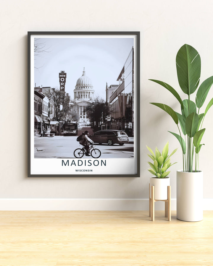 Modern wall art featuring a retro black and white streetscape layout of the pedestrian shopping district in Madison Wisconsin, which can be ordered as a stretched canvas format, poster, or a pure gold frame.